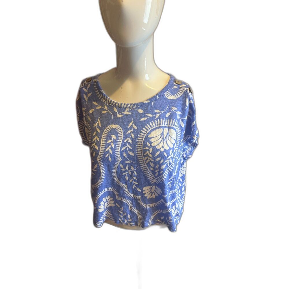 Joie Linen Cropped Top Crew Neck Sz M Paisley Floral W/ Button Accent Multicolor